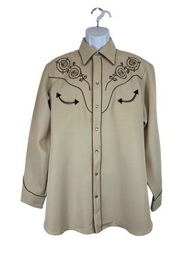 Vintage H Bar C California Ranchwear Embroidered Western Pearl Snap Beige Cowboy